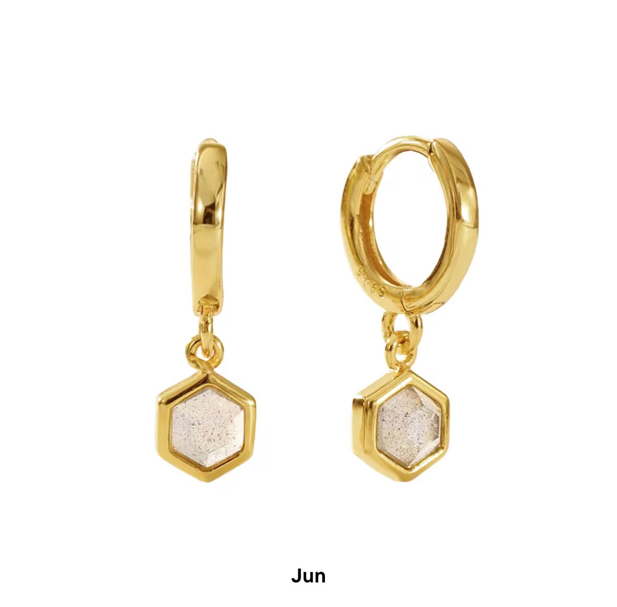 Birthstone Bezel Hexagon Gold Vermeil Drop Hoop Earrings