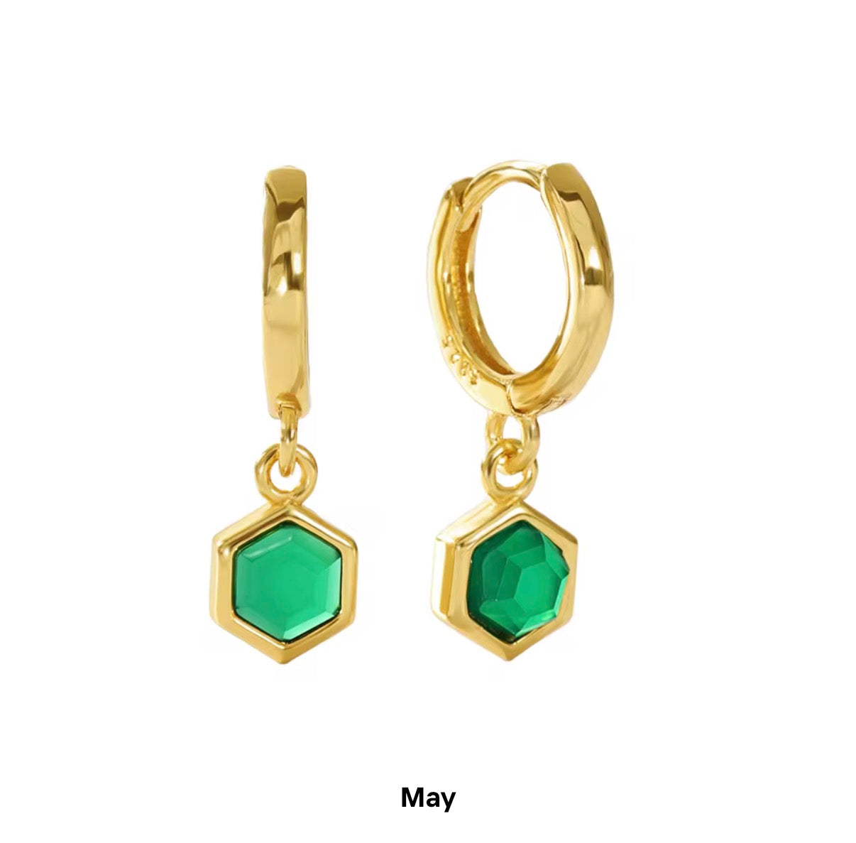 Birthstone Bezel Hexagon Gold Vermeil Drop Hoop Earrings