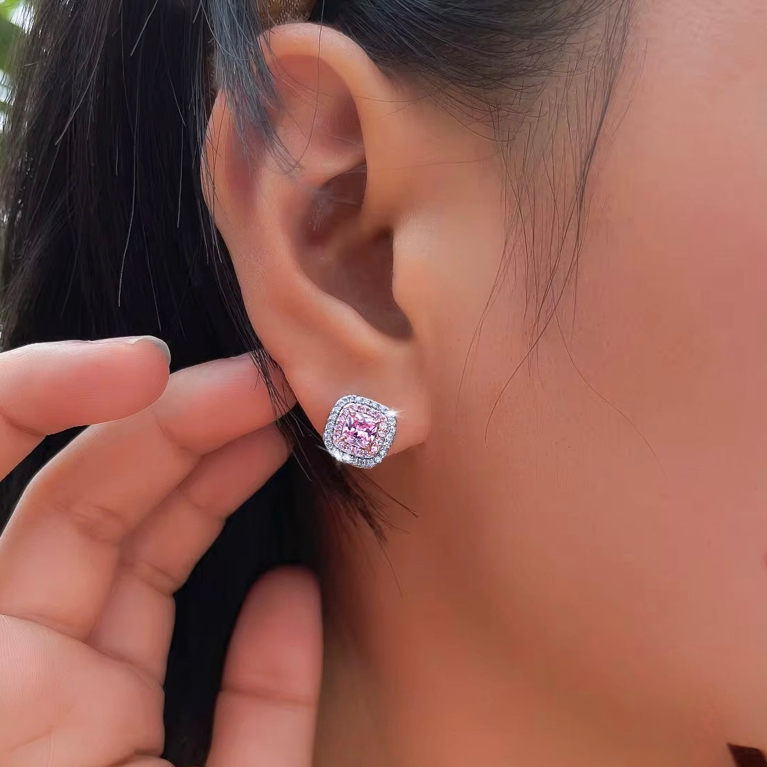 Cushion Cut Pink CZ Stud Earrings