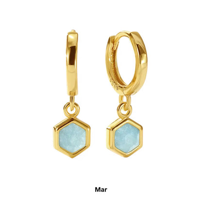 Birthstone Bezel Hexagon Gold Vermeil Drop Hoop Earrings