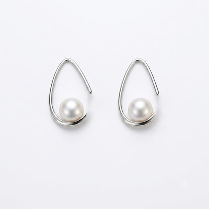 The Crescent with Round Pearl Drop Sterling Silver Earrings