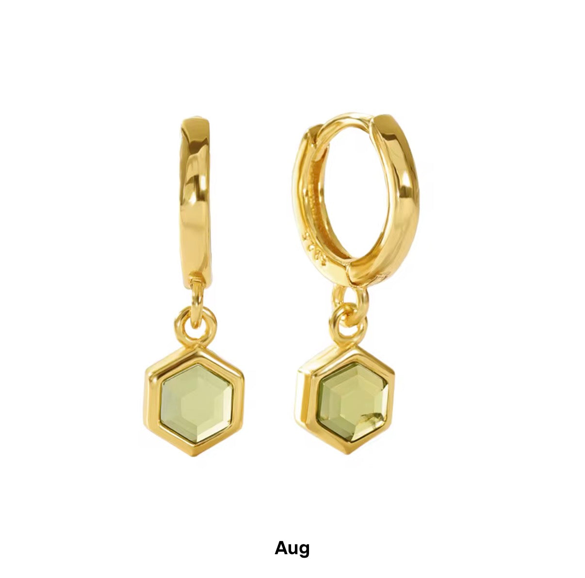 Birthstone Bezel Hexagon Gold Vermeil Drop Hoop Earrings