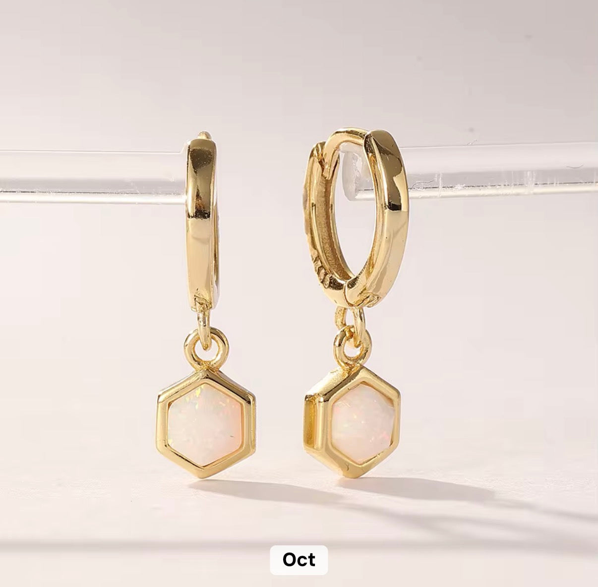 Birthstone Bezel Hexagon Gold Vermeil Drop Hoop Earrings