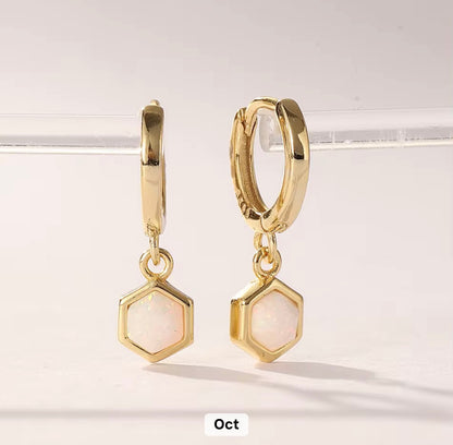 Birthstone Bezel Hexagon Gold Vermeil Drop Hoop Earrings
