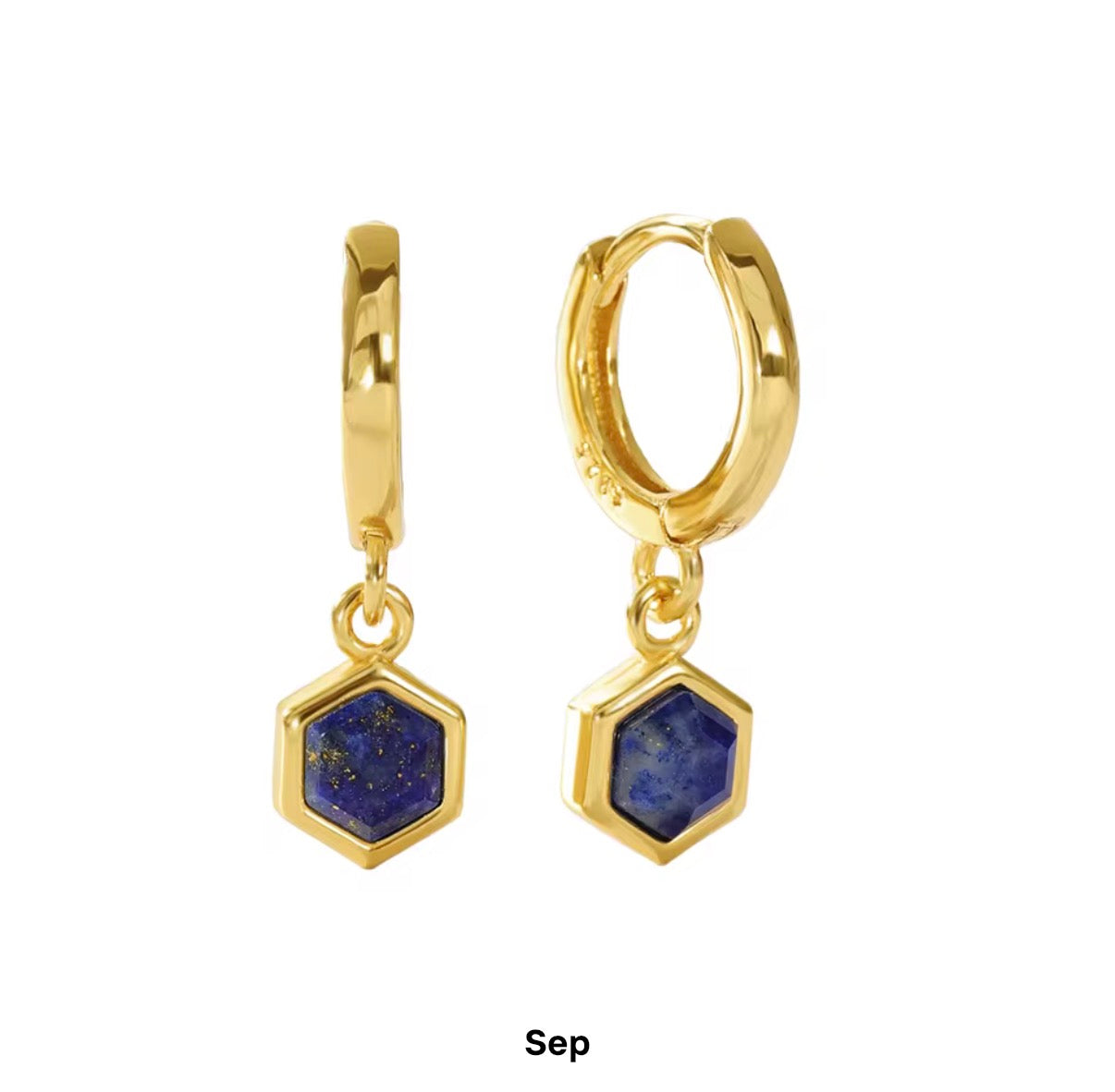Birthstone Bezel Hexagon Gold Vermeil Drop Hoop Earrings