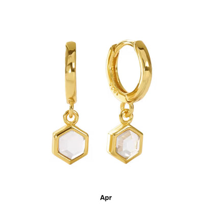 Birthstone Bezel Hexagon Gold Vermeil Drop Hoop Earrings