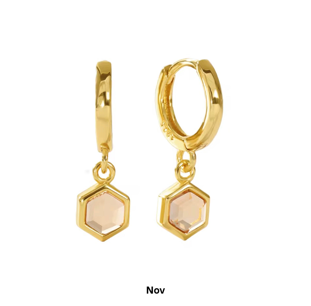 Birthstone Bezel Hexagon Gold Vermeil Drop Hoop Earrings