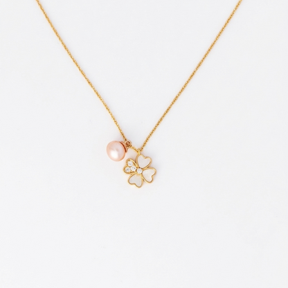 Heart Four-Leaf Clover and Pearl Pendant Necklace