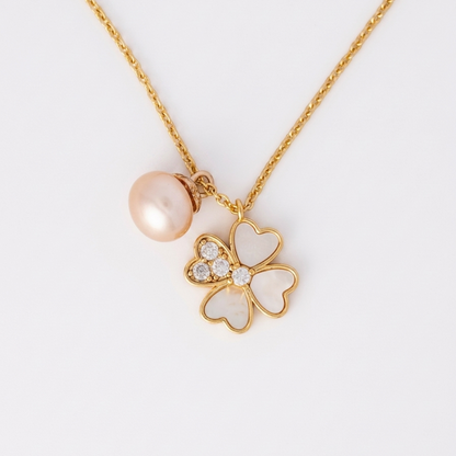 Heart Four-Leaf Clover and Pearl Pendant Necklace