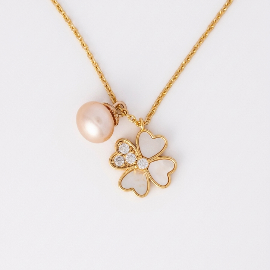 Heart Four-Leaf Clover and Pearl Pendant Necklace