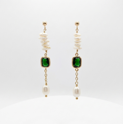 Green Glass & Pearl Long Drop Earrings