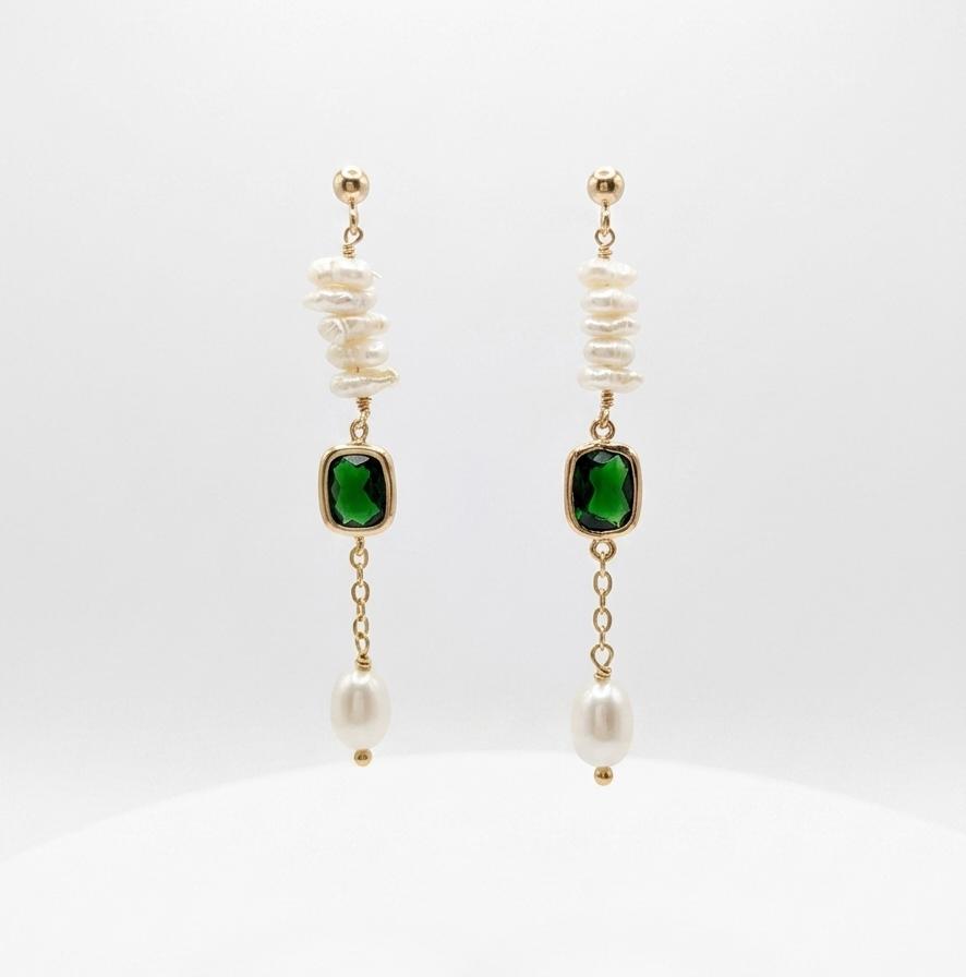 Green Glass & Pearl Long Drop Earrings