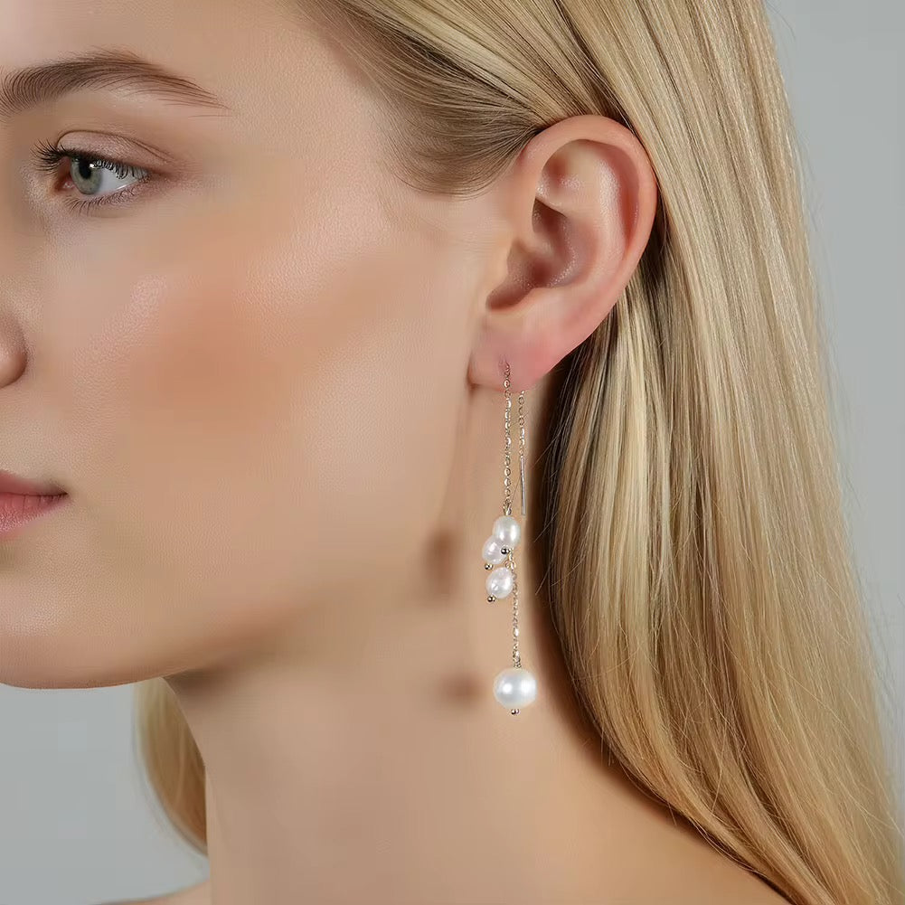 Threader Earrings with Cultured Freshwater Pearls in 925 Sterling Silver