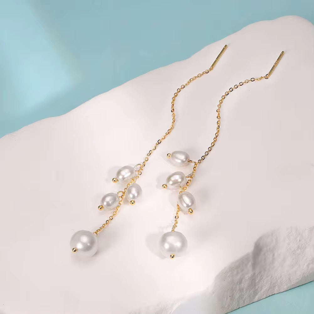 Threader Earrings with Cultured Freshwater Pearls in 925 Sterling Silver