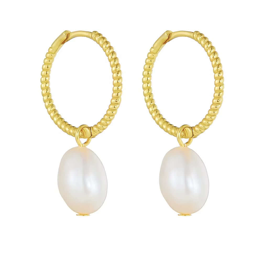 Elegant Pearl Huggies in 925 Sterling Silver, 14k Gold-Plated, featuring beautiful rhodium accents.