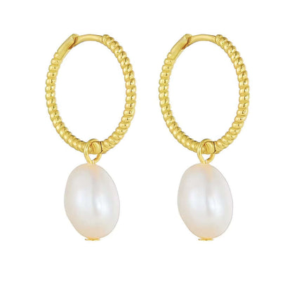 Elegant Pearl Huggies in 925 Sterling Silver, 14k Gold-Plated, featuring beautiful rhodium accents.