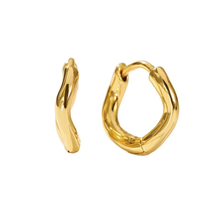 Irregular shaped huggies in 925 sterling silver with 14k gold-plated finish, perfect for elegant style. Rhodium plated for durability.