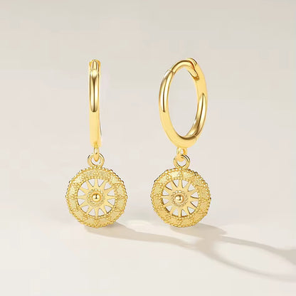 Sunburst Coin Dangle Gold Vermeil Hoop Earrings