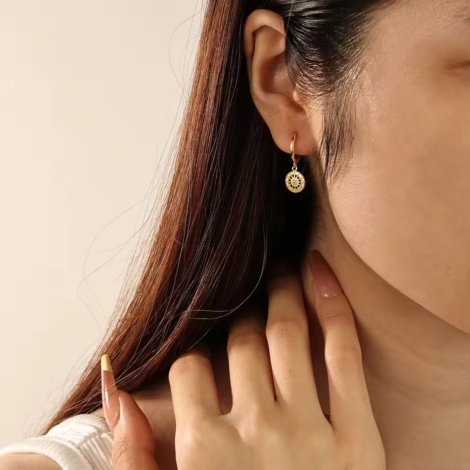 Sunburst Coin Dangle Gold Vermeil Hoop Earrings