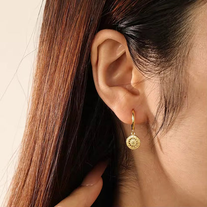 Sunburst Coin Dangle Gold Vermeil Hoop Earrings