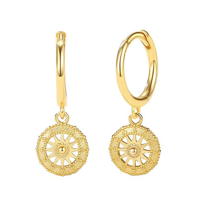 Sunburst Coin Dangle Gold Vermeil Hoop Earrings