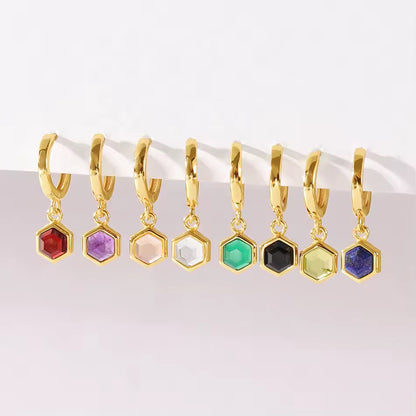 Birthstone Bezel Hexagon Gold Vermeil Drop Hoop Earrings