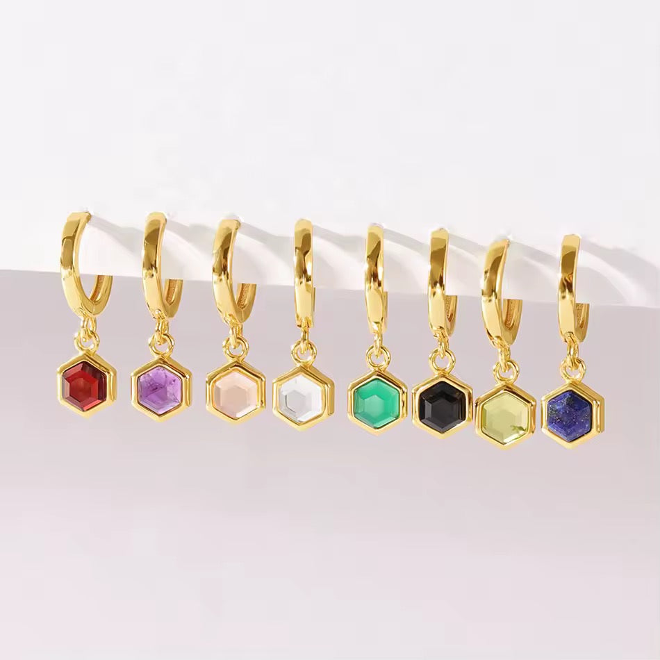 Birthstone Bezel Hexagon Gold Vermeil Drop Hoop Earrings