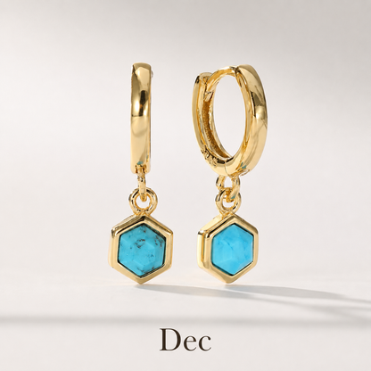 Birthstone Bezel Hexagon Gold Vermeil Drop Hoop Earrings