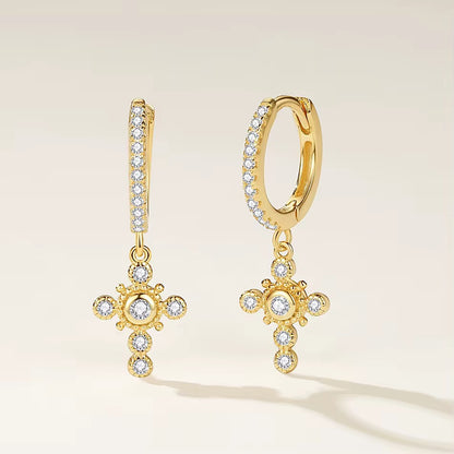 CZ Cross Drop Gold Vermeil Hoop Earrings