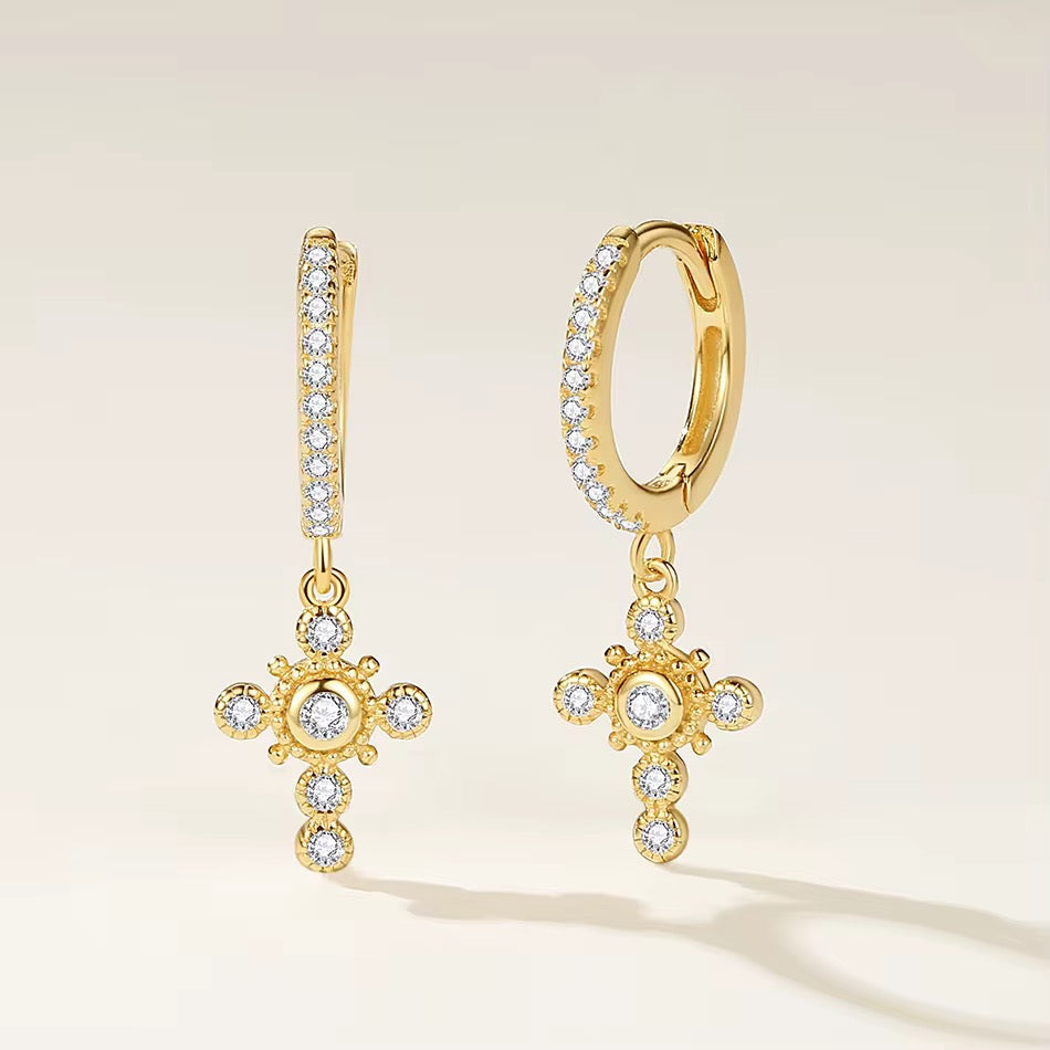 CZ Cross Drop Gold Vermeil Hoop Earrings