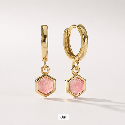 Birthstone Bezel Hexagon Gold Vermeil Drop Hoop Earrings