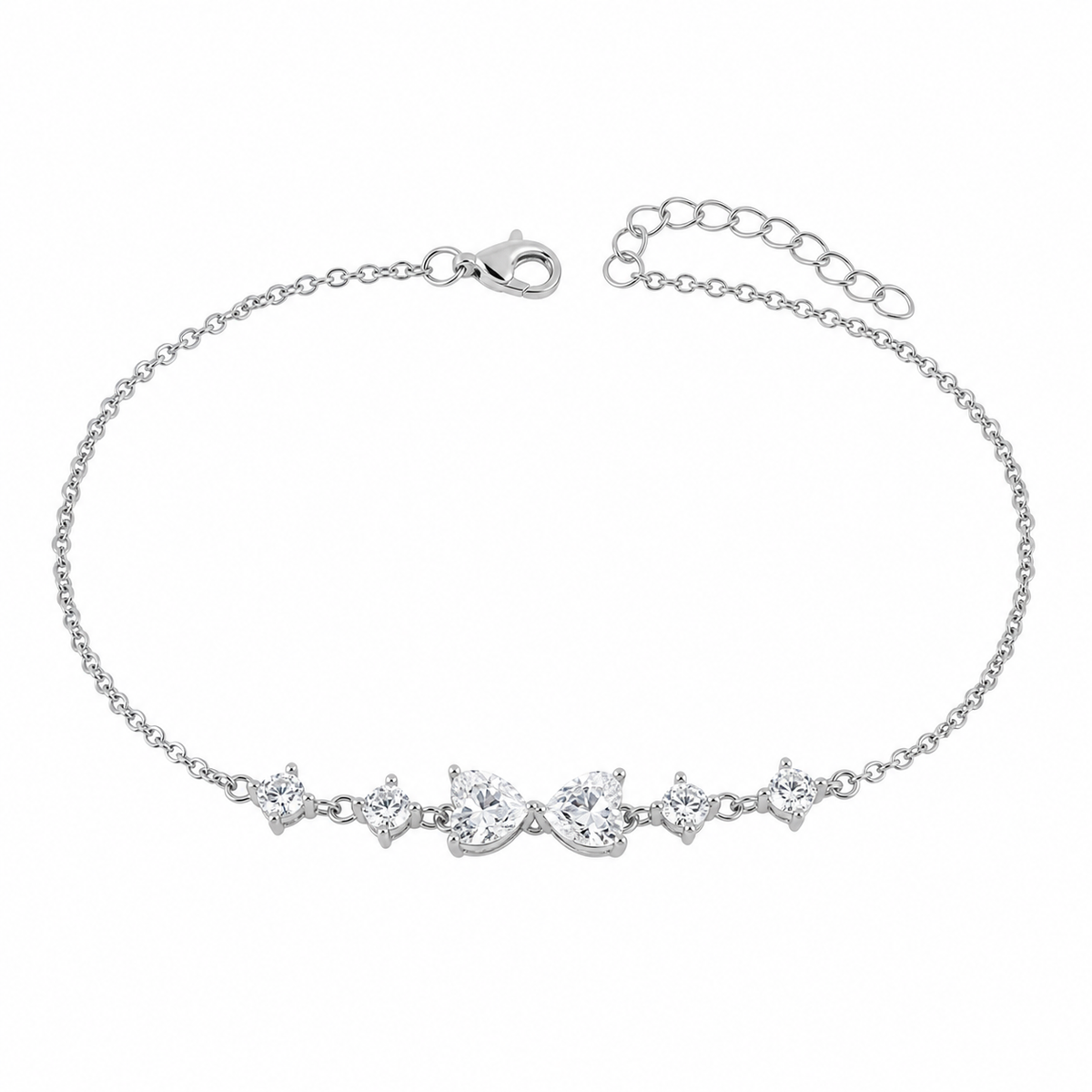 A delicate silver chain bracelet with a central bow-shaped cluster of clear gemstones, photographed on a solid white background.