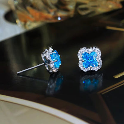 Aquamarine Clover Stud Earrings Sterling Silver