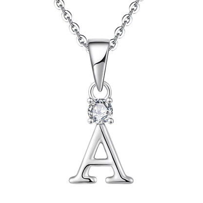 A sterling silver initial pendant necklace featuring the letter 'A' with a clear round-cut gemstone set in the center, suspended from a delicate link chain against a solid white background.