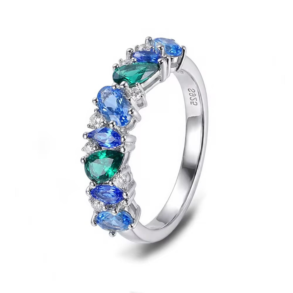 Blue & Green CZ Band Ring – Sterling Silver