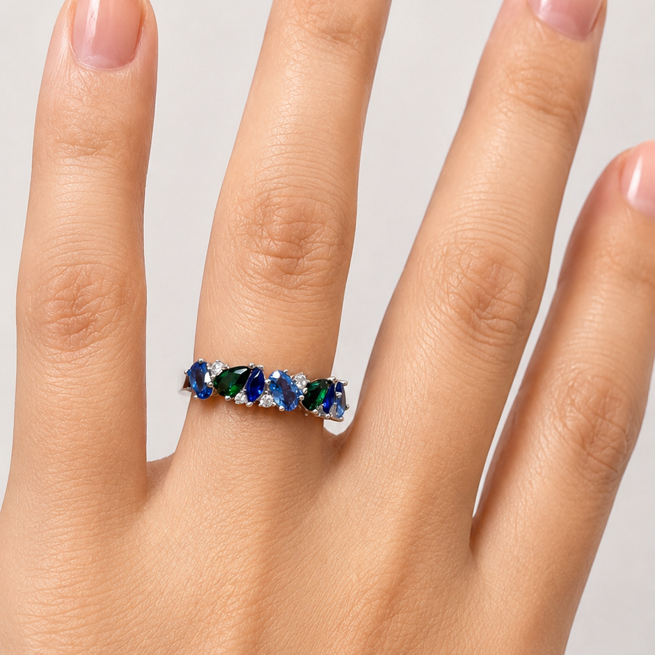 Blue & Green CZ Band Ring – Sterling Silver, photo 2