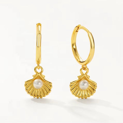 Sea Shell Pearl Hoop Dangle Earrings