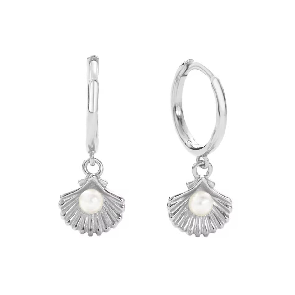Sea Shell Pearl Hoop Dangle Earrings