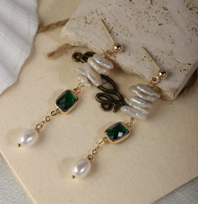 Green Glass & Pearl Long Drop Earrings