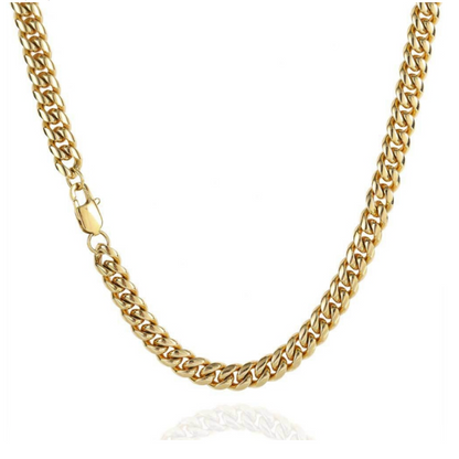 A polished yellow gold Cuban link chain necklace with a lobster clasp, displayed on a clean white background with a subtle reflection below.