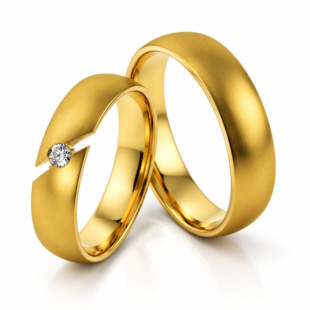 Two gold wedding bands, one plain and one with a small round-cut diamond set in a V-shaped notch, shown on a white background.