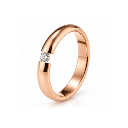 A rose gold split-band ring with a single round-cut clear gemstone, shown on a white background with black graphic lines.