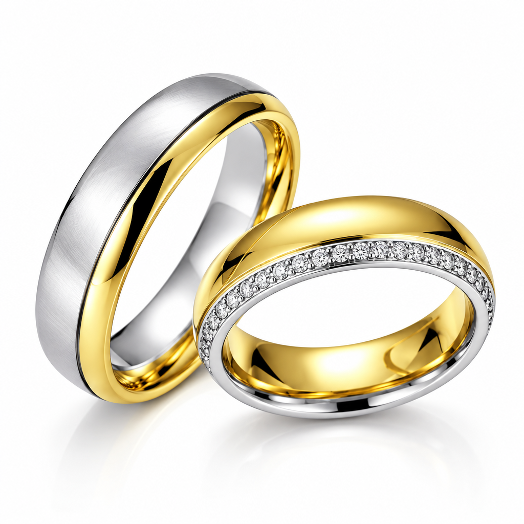 Two polished metal bands, one silver and one gold, shown on a white background. The gold band is set with a row of small clear stones along the front edge.