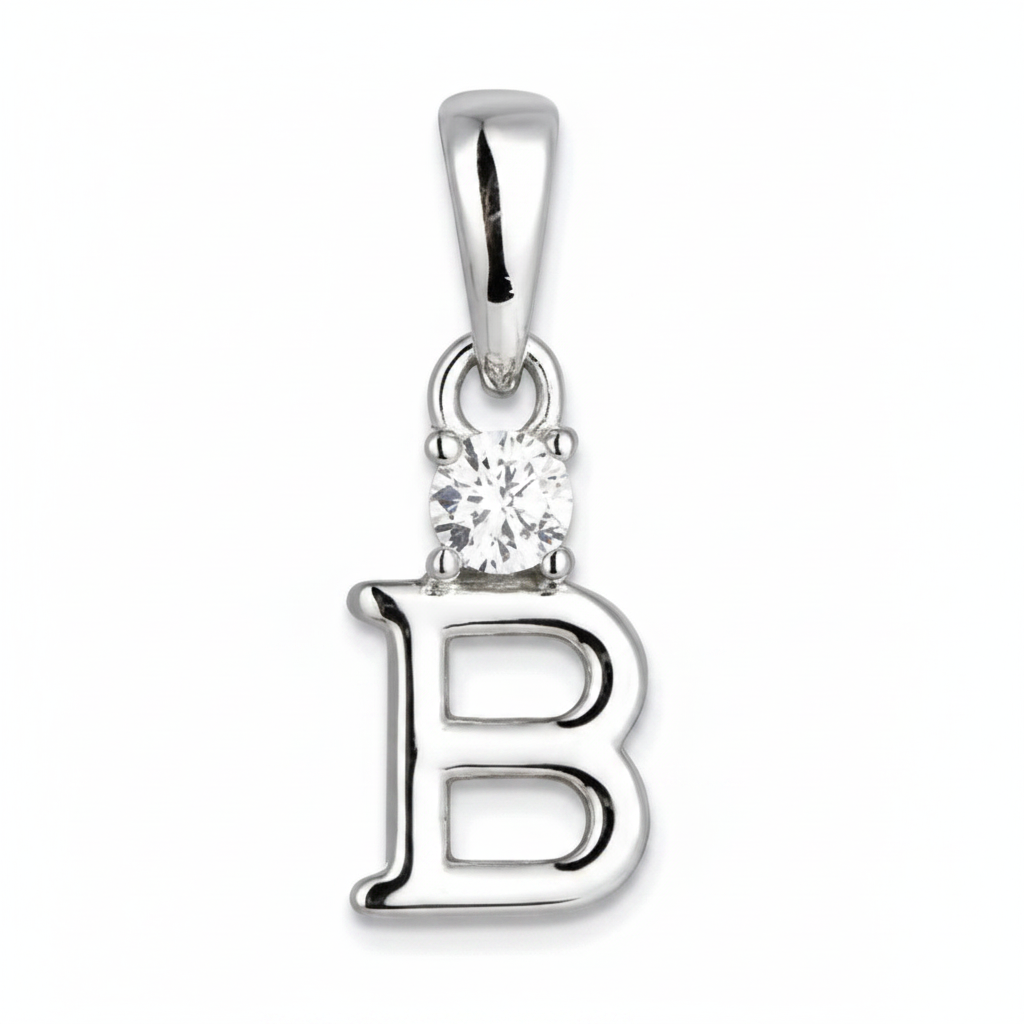 A sterling silver initial pendant featuring the letter 'B' with a single clear round-cut gemstone set in the top loop, shown on a plain white background.