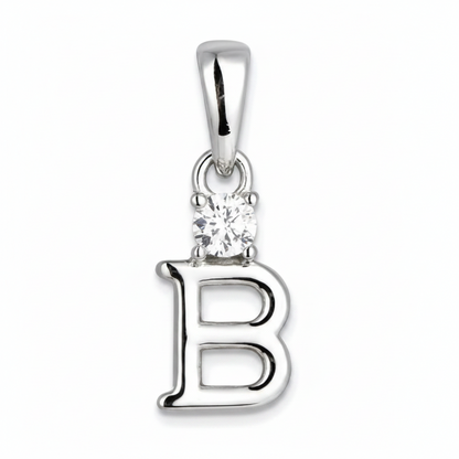 A sterling silver initial pendant featuring the letter 'B' with a single clear round-cut gemstone set in the top loop, shown on a plain white background.