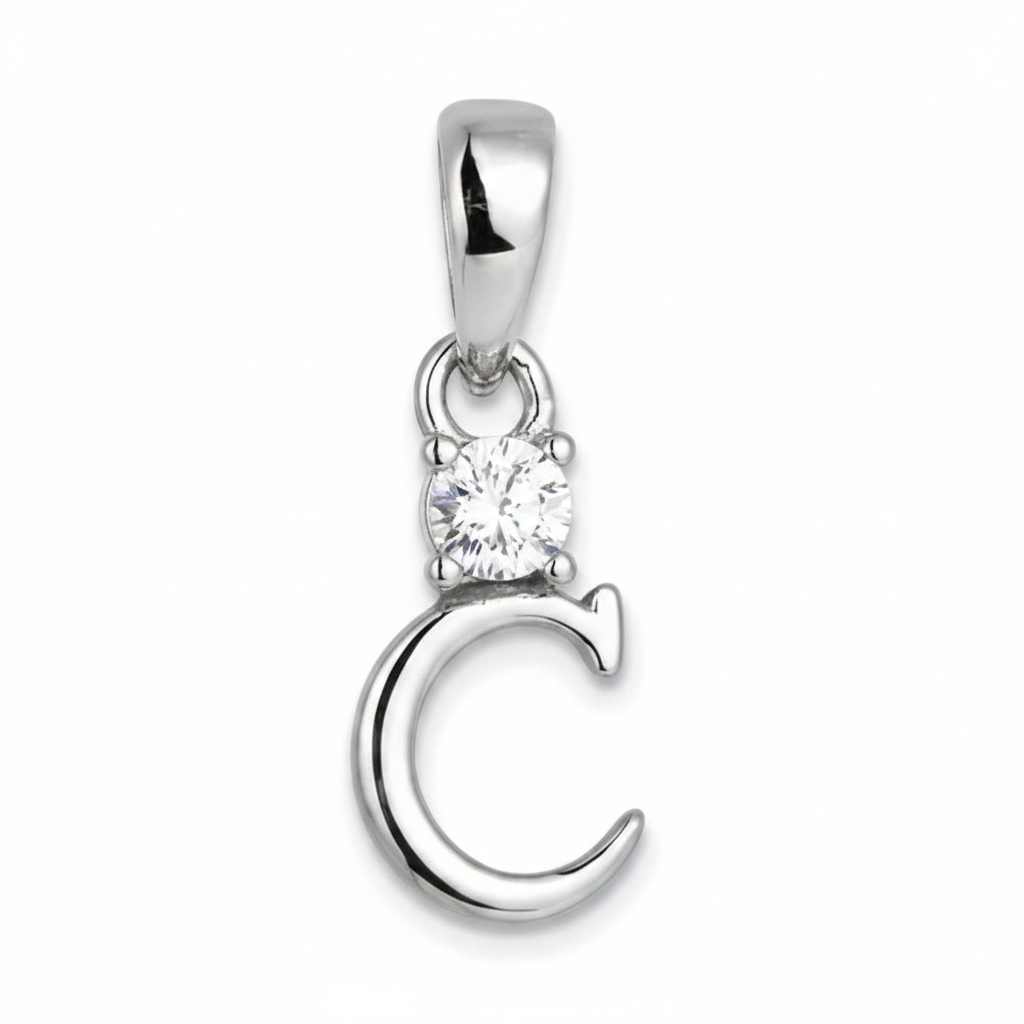 A silver letter 'C' pendant charm with a single round clear gemstone at the top, set against a plain white background.