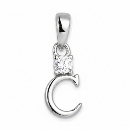 A silver letter 'C' pendant charm with a single round clear gemstone at the top, set against a plain white background.