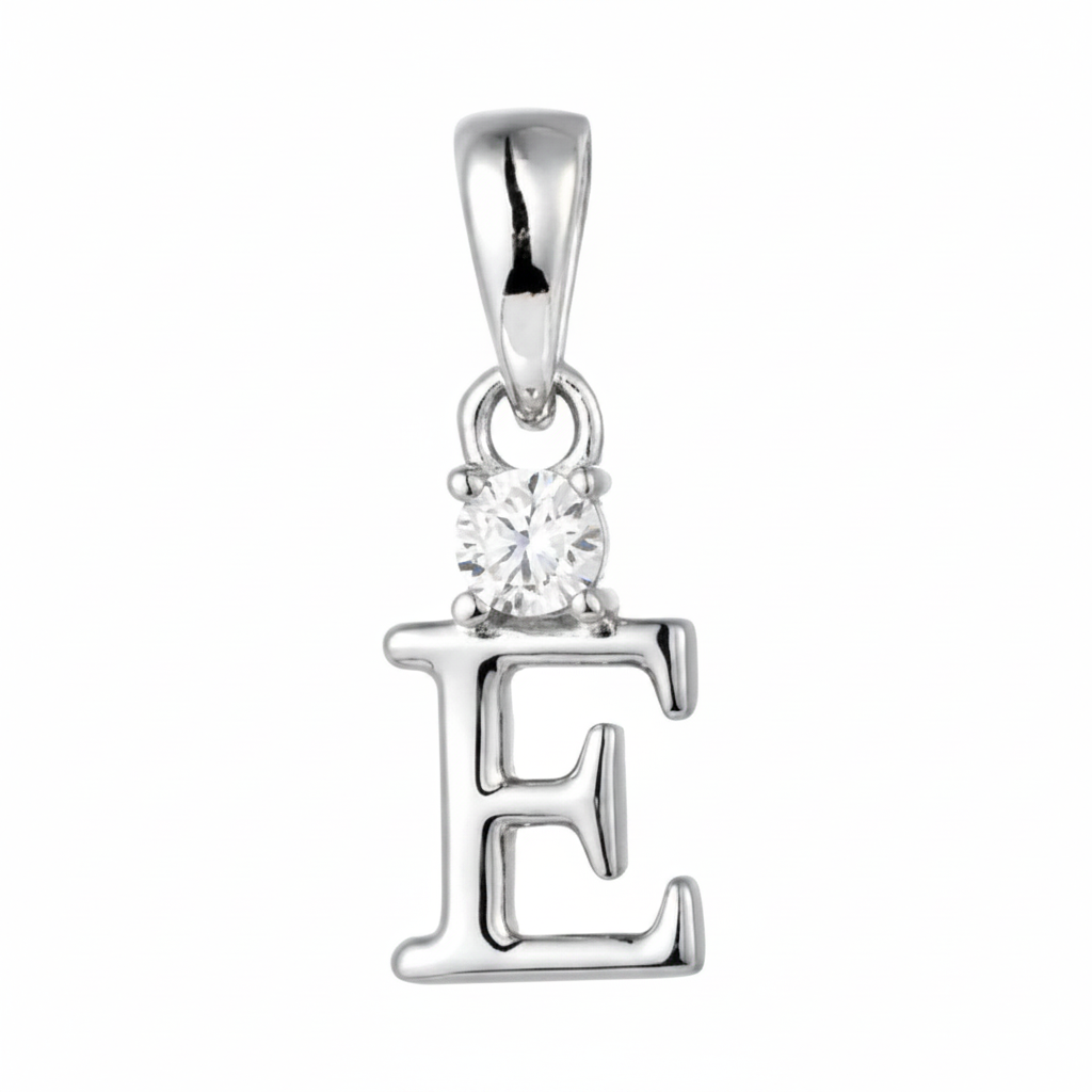 A sterling silver letter 'E' initial pendant charm featuring a clear round-cut gemstone set in the top loop, shown on a plain white background.