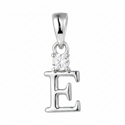 A sterling silver letter 'E' initial pendant charm featuring a clear round-cut gemstone set in the top loop, shown on a plain white background.