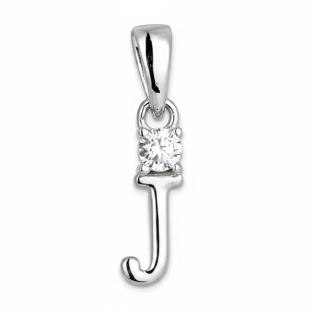 A sterling silver initial pendant charm shaped like the letter 'J', featuring a single round clear gemstone in a prong setting near the top.